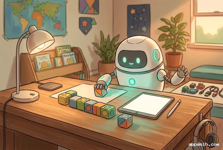 Friendly home robot carefully arranging learning blocks beside a tablet on a child's smart study desk in a warm futuristic bedroom.