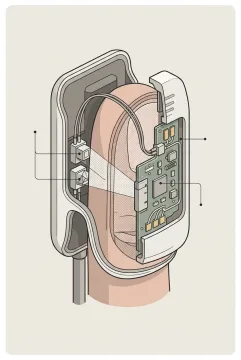 Technical illustration of a fingertip wearable blood oxygen sensor in cutaway view with optical emitters, photodetector, tissue layers, wiring, and internal circuitry.