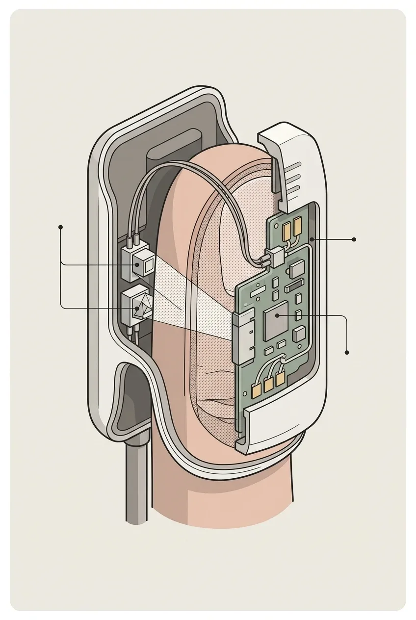Technical illustration of a fingertip wearable blood oxygen sensor in cutaway view with optical emitters, photodetector, tissue layers, wiring, and internal circuitry.