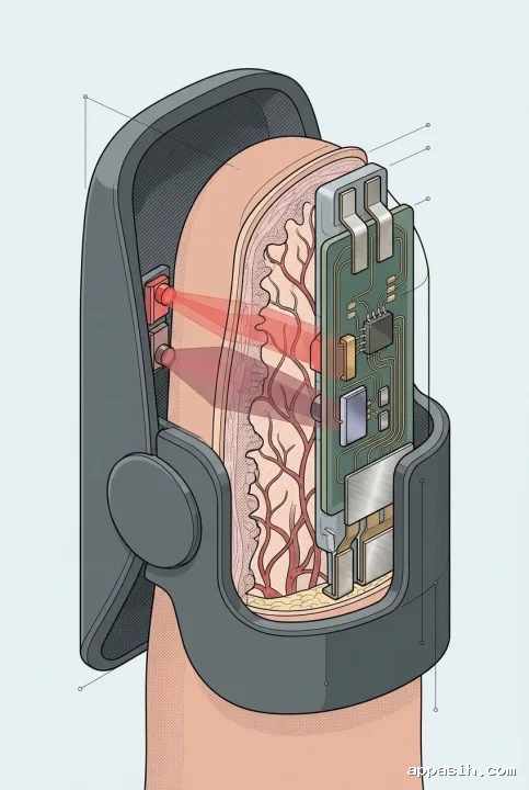 Detailed technical illustration of the same fingertip blood oxygen sensor with cutaway circuitry, aligned optical emitters and detector, tissue layers, and subtle light paths through the finger.