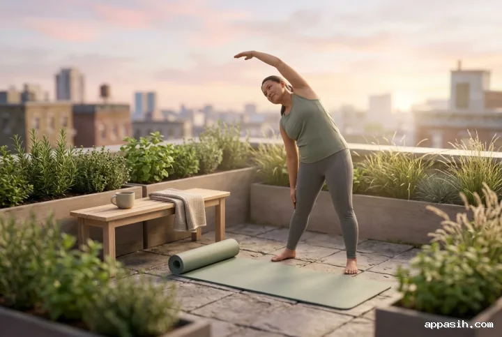 Detailed 3D tilt-shift miniature view of a person gently stretching at sunrise in a rooftop wellness garden with a sage yoga mat, herb planters, tea, towel, and warm morning light.