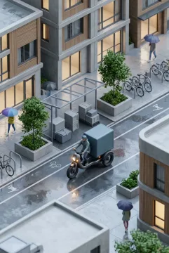 Isometric 3D electric cargo tricycle traveling along a wet protected mobility lane in a rainy modern urban delivery district.