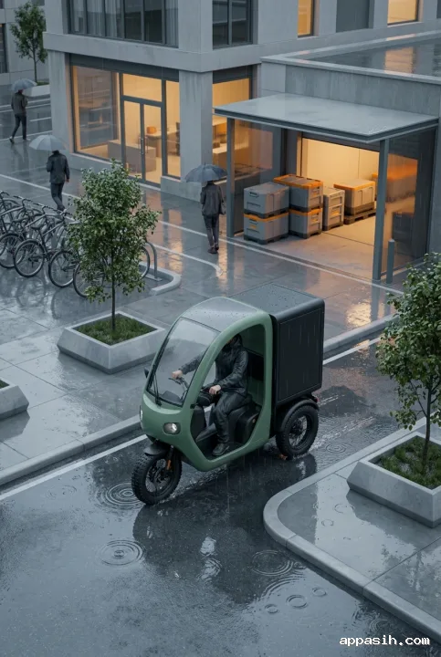 Closer isometric 3D view of an electric cargo tricycle approaching a sheltered loading bay in the same rainy urban delivery district.