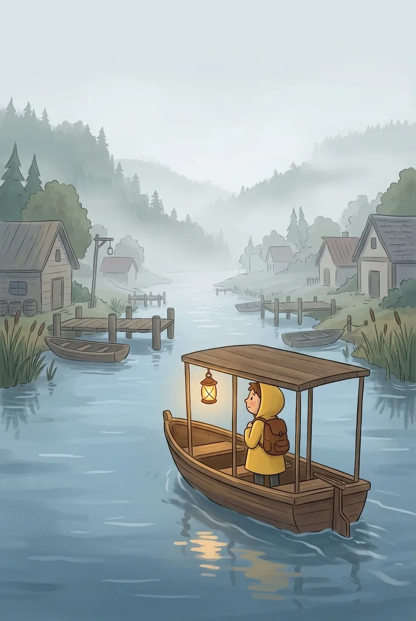 Cartoon traveler riding a lantern-lit wooden ferry through a misty riverside village with docks, calm water, and forested hills.