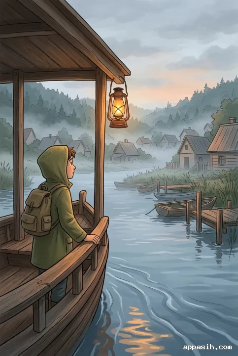 Detailed Cartoon traveler on a lantern-lit ferry approaching the same misty riverside village, with wooden docks, calm reflective water, rowboats, and forested hills.