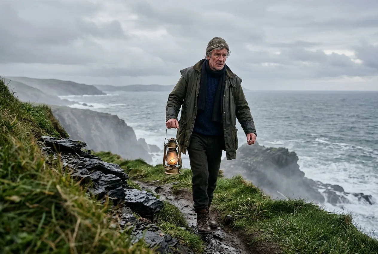 Coastal lantern keeper in a weathered raincoat carrying a brass storm lantern along a misty windswept cliff above a rough gray sea.