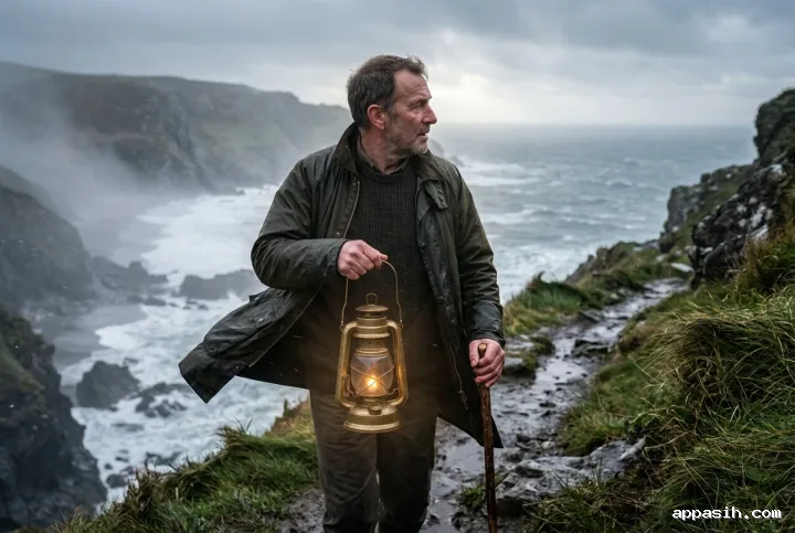 Lantern keeper pausing on the same windswept coastal cliff with a brass storm lantern, damp raincoat, rolling sea mist, and rough gray ocean behind them.