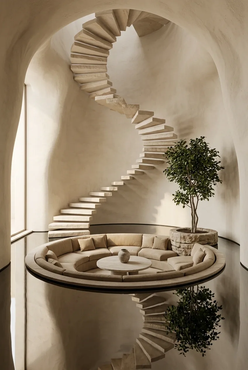 Surreal interior with a circular sunken conversation pit beneath a floating stone staircase, curved cream walls, reflective flooring, and an indoor tree.