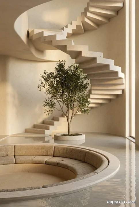 Low three-quarter view of a surreal sunken conversation pit beneath an unsupported floating stone staircase in a curved cream interior with reflective flooring and an indoor tree.