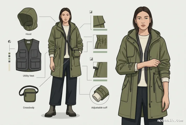 Detailed fashion infographic illustration of the same model wearing a modular olive raincoat outfit while showing adjustable cuff, hood, vest, pouch, and layered garment components.