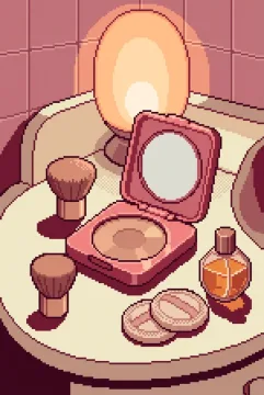 Rose cosmetic compact with makeup brush and perfume bottle on a retro vanity rendered in pixel art.