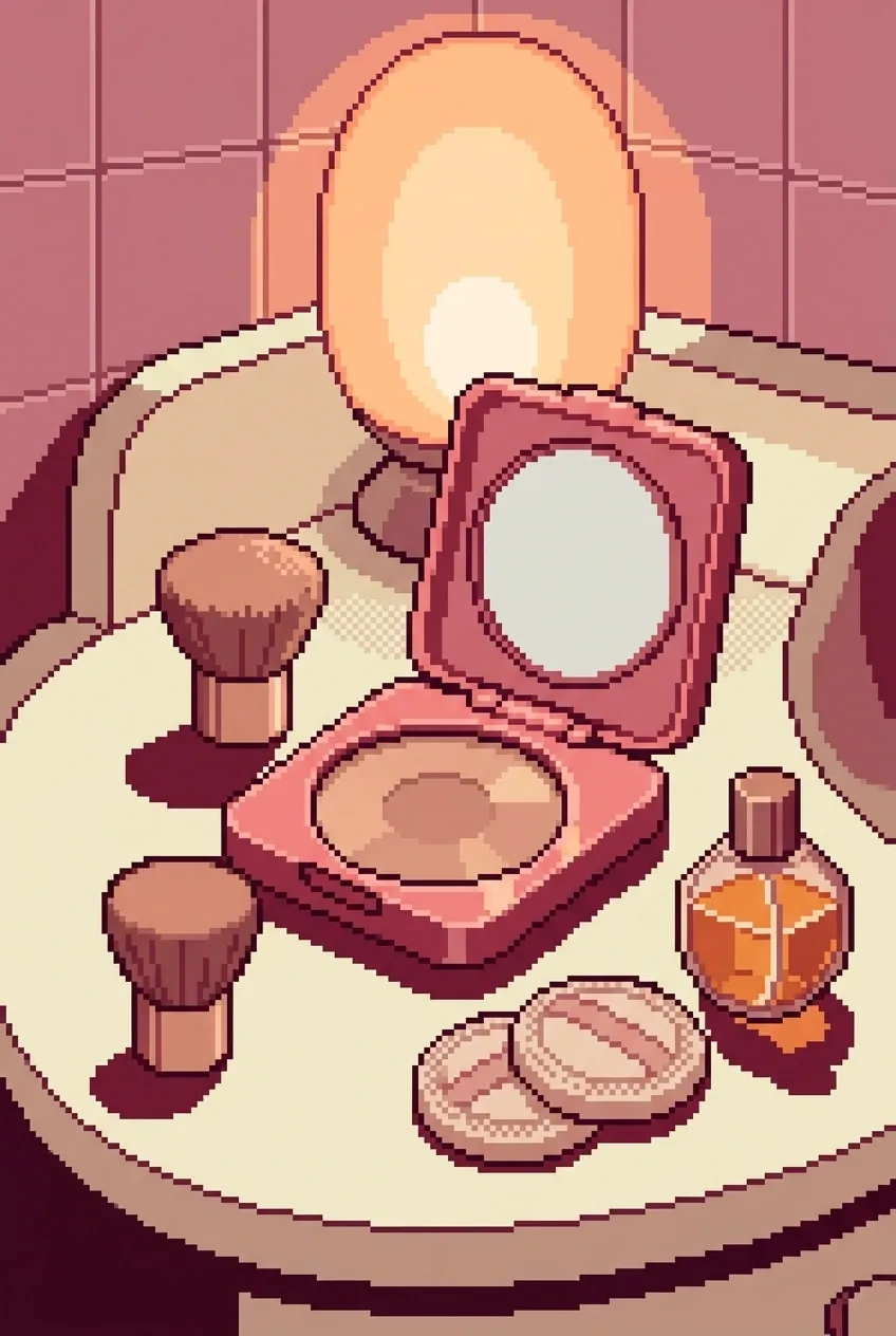 Rose cosmetic compact with makeup brush and perfume bottle on a retro vanity rendered in pixel art.