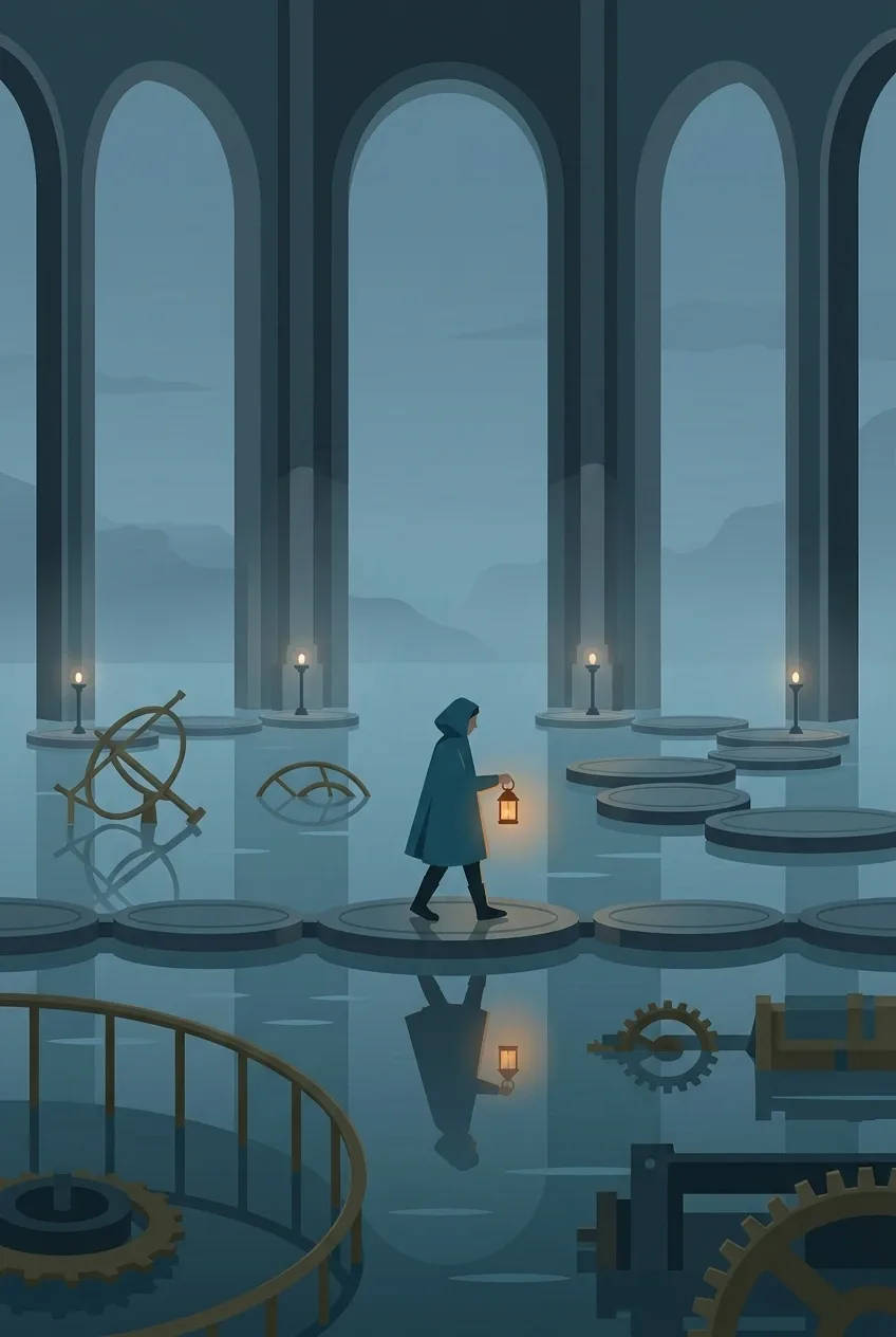Flat 2D illustration of a lantern keeper walking through a flooded observatory with submerged astronomical instruments and glowing amber lights.