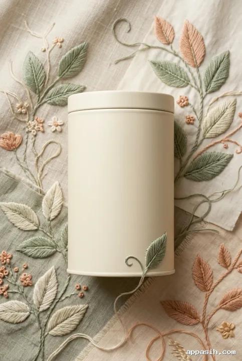 Close three-quarter view of a blank ivory tea tin framed by detailed embroidered botanical leaves and flowers on layered linen and cotton fabric.