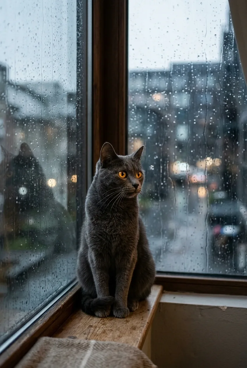 Charcoal-gray cat with amber eyes sitting beside a rain-streaked apartment window in cinematic evening light.