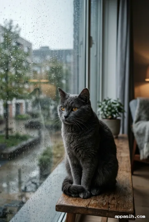 Close cinematic portrait of a charcoal-gray cat with amber eyes turning toward a rain-covered apartment window with soft evening reflections.