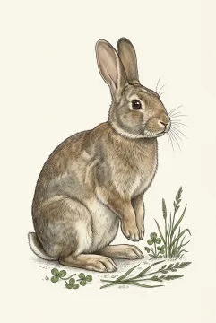 Scientific illustration of a domestic rabbit with upright ears, detailed layered fur, whiskers, paws, and small clover and grass specimens.