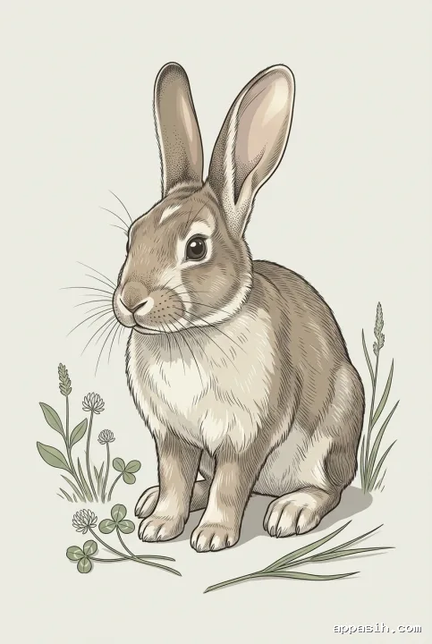 Closer scientific illustration of the same domestic rabbit gently lowering its nose toward clover, with detailed upright ears, layered fur, whiskers, paws, and meadow grass.