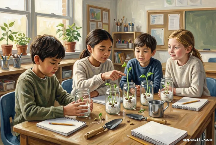 Detailed acrylic painting of four young students closely examining sprouting bean seeds together at a classroom science table.