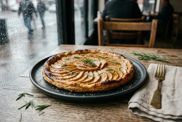 Cinematic charred pear tart with rosemary and honey glaze on a dark ceramic plate beside a rain-streaked café window.