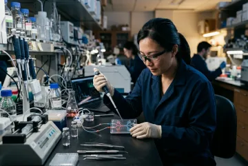 Biomedical scientist examining a transparent lung-on-chip microfluidic device in a cinematic modern laboratory.