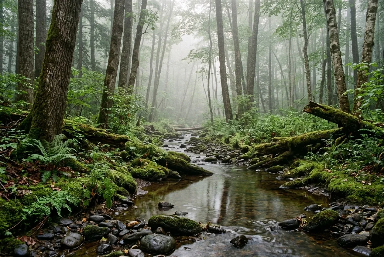 Moss-covered forest stream flowing between dark stones and green ferns beneath soft silver morning mist.