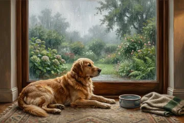 Golden retriever resting on a rug beside a rain-speckled garden window in a warm countryside room, rendered as an oil painting.