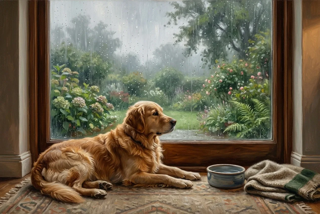 Golden retriever resting on a rug beside a rain-speckled garden window in a warm countryside room, rendered as an oil painting.