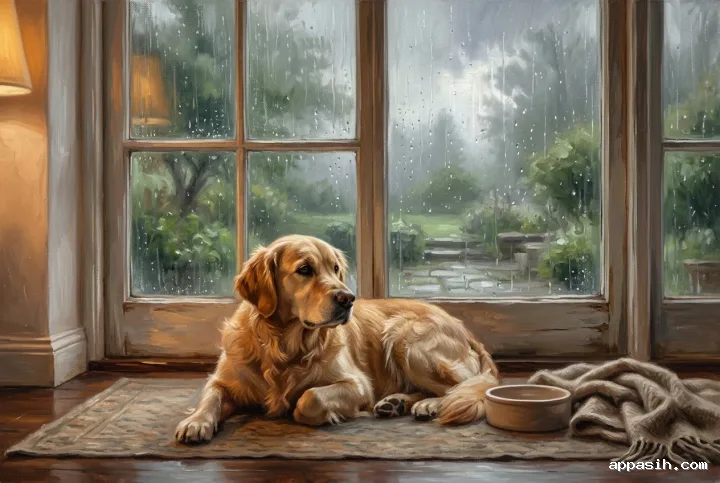 Golden retriever viewed from a closer low angle beside a rain-speckled garden window, with warm room light and a misty green garden rendered in detailed oil paint.