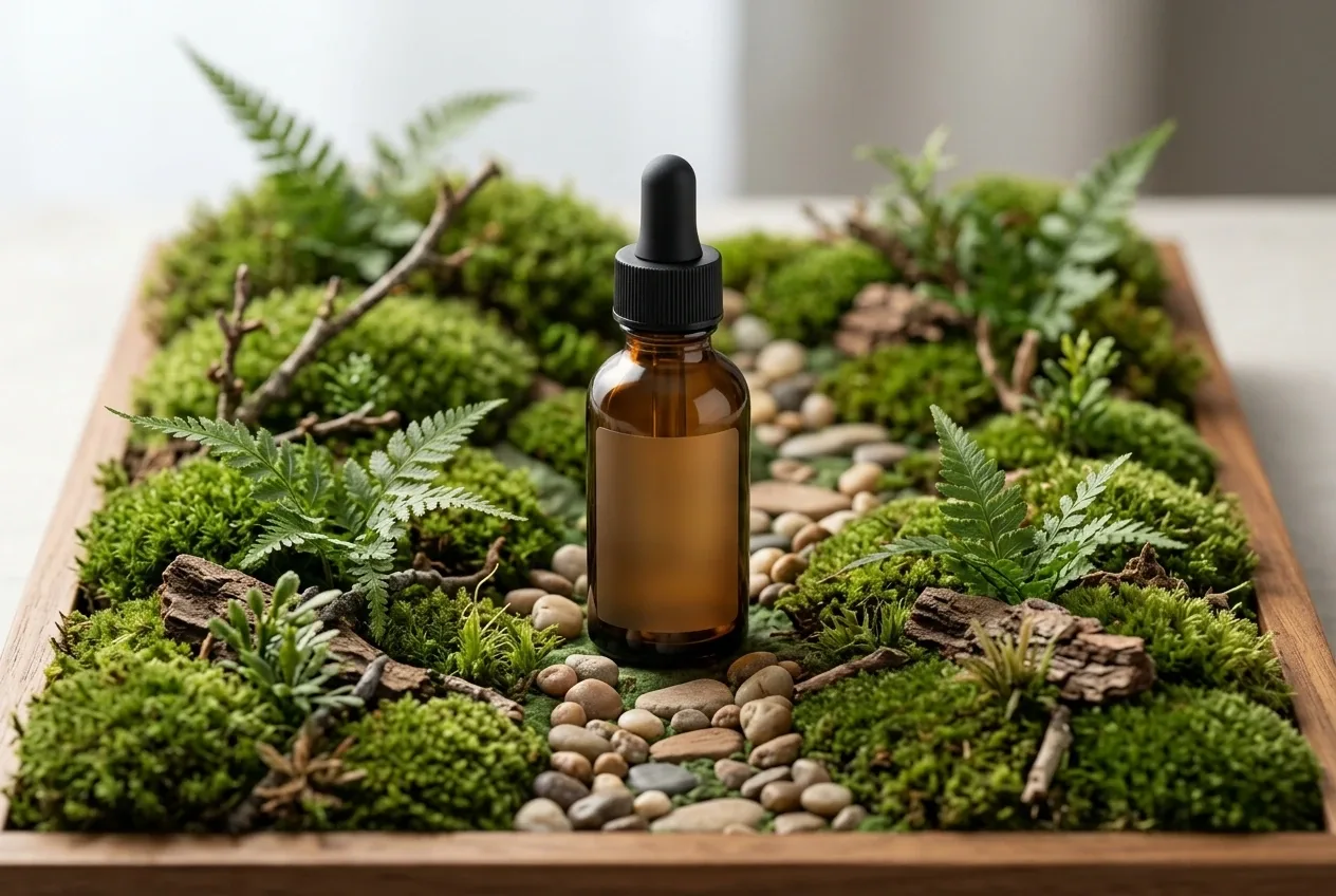 Amber glass dropper bottle standing in a miniature moss garden diorama with tiny ferns, stones, and a winding path.