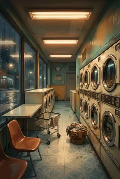 Concept art of a rainy 1980s coin-operated laundromat with round washing machines, plastic chairs, a wicker laundry basket, fluorescent ceiling lights, and wet windows at night.