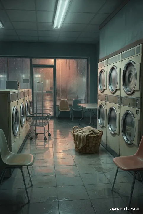 Detailed concept art of the same rainy 1980s coin-operated laundromat, viewed along the central aisle with cream washing machines, a wicker laundry basket, fluorescent lighting, and reflected street glow on wet windows.