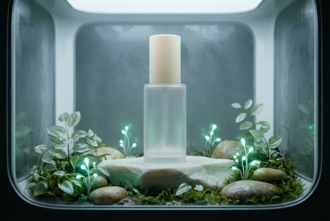Frosted glass serum bottle on a pale mineral pedestal surrounded by glowing botanical elements in a Concept Art product display chamber.