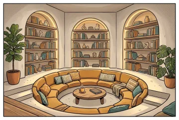 Sunken reading lounge with curved ochre seating, arched book nooks, indoor plants, and warm lighting in a comic book cartoon interior.