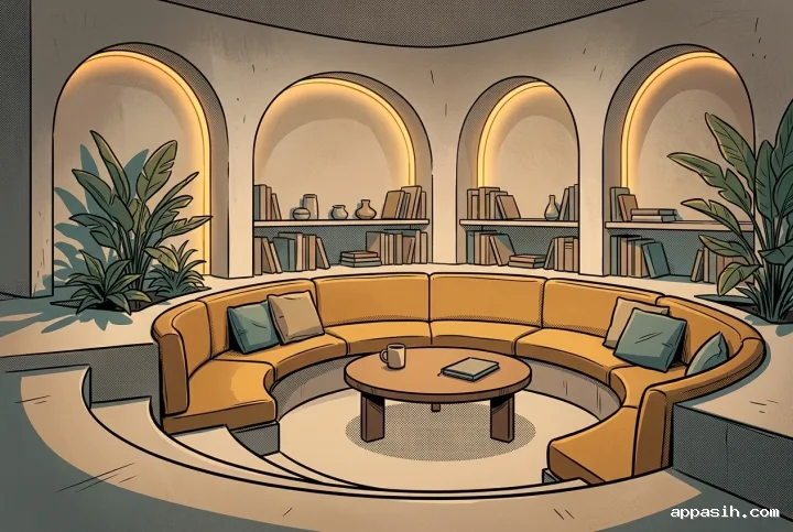 Closer three-quarter view of a sunken reading lounge with ochre curved seating, arched book nooks, indoor plants, and warm comic book lighting.