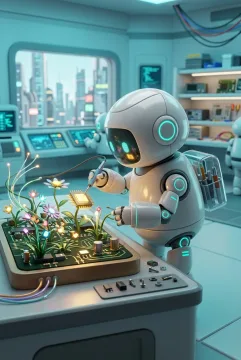 3D cartoon pocket robot repairing glowing processor flowers and fiber-optic vines in a miniature circuit garden inside a futuristic technology bay.