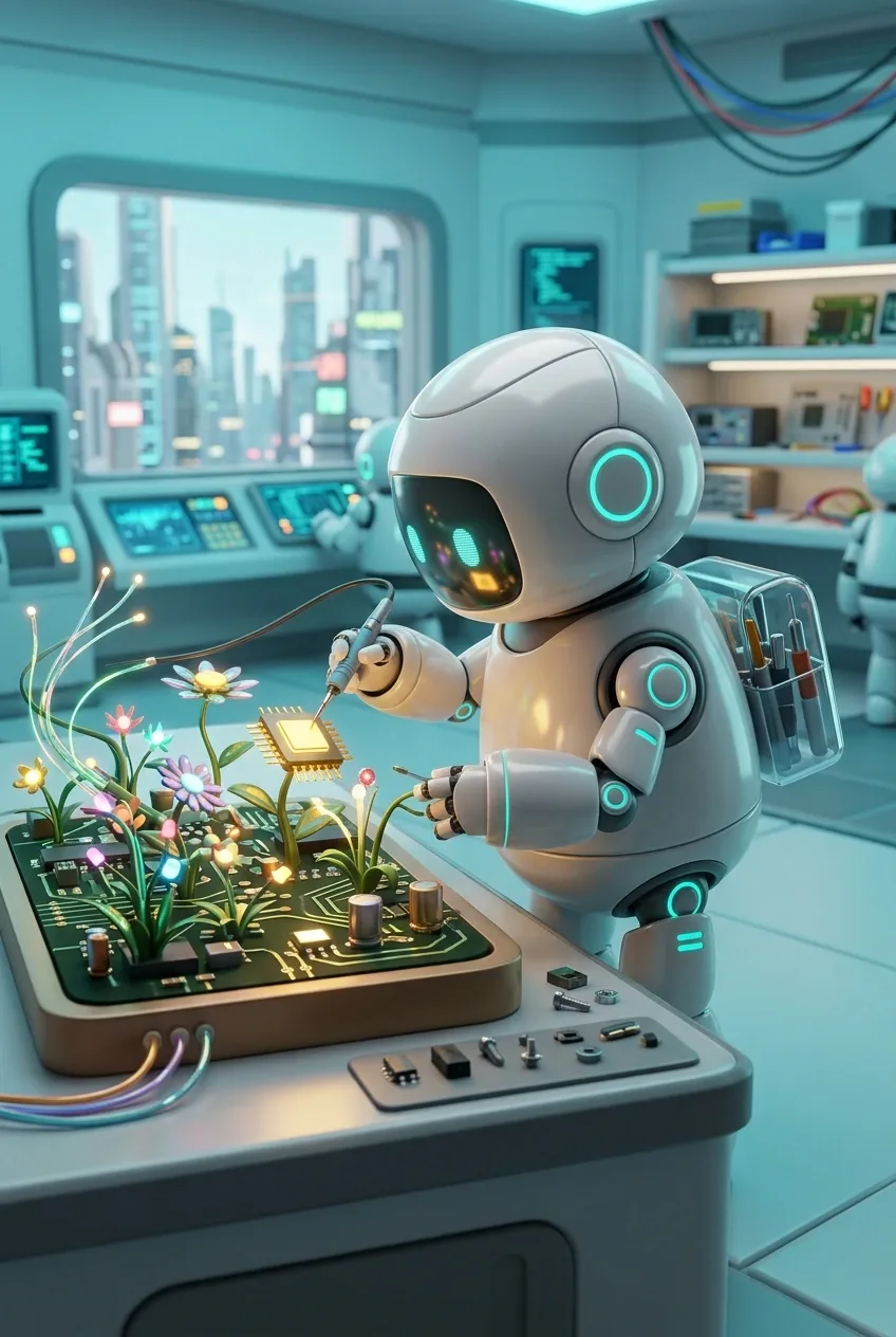 3D cartoon pocket robot repairing glowing processor flowers and fiber-optic vines in a miniature circuit garden inside a futuristic technology bay.