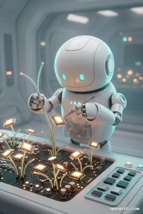 Close three-quarter 3D cartoon view of a pocket robot securing a glowing processor flower among fiber-optic vines in the same futuristic circuit garden.