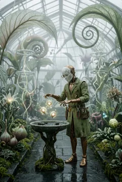 Surreal clockwork gardener tending glowing floating seed orbs inside a misty glass conservatory with giant translucent plants and a reflective stone path.