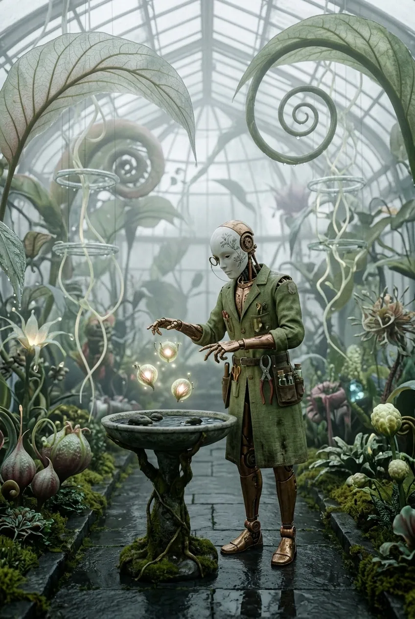 Surreal clockwork gardener tending glowing floating seed orbs inside a misty glass conservatory with giant translucent plants and a reflective stone path.