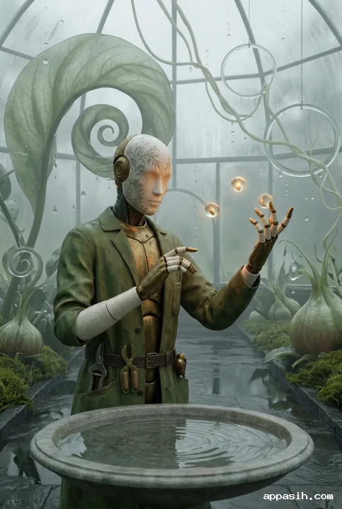 Surreal clockwork gardener raising a brass hand toward three glowing floating seed orbs beside a stone basin in a misty glass conservatory filled with giant translucent plants.