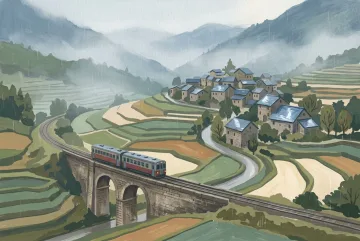 Gouache painting of a small countryside train crossing a stone viaduct below a misty hill village and terraced fields in gentle rain.