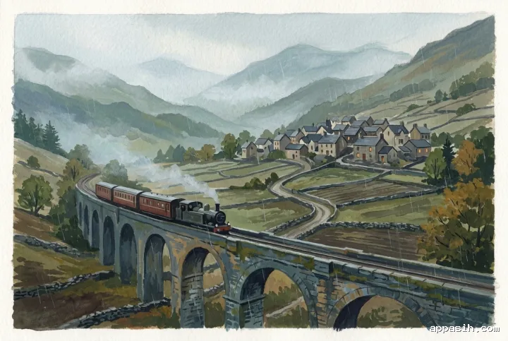 Detailed gouache painting of a countryside train crossing a rain-soaked stone viaduct toward a misty hill village with terraced fields and softly glowing windows.