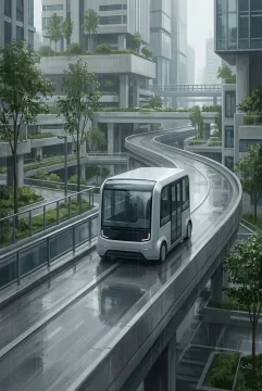 Digital painting of an autonomous electric shuttle traveling on a rainy elevated transitway through a green modern city.