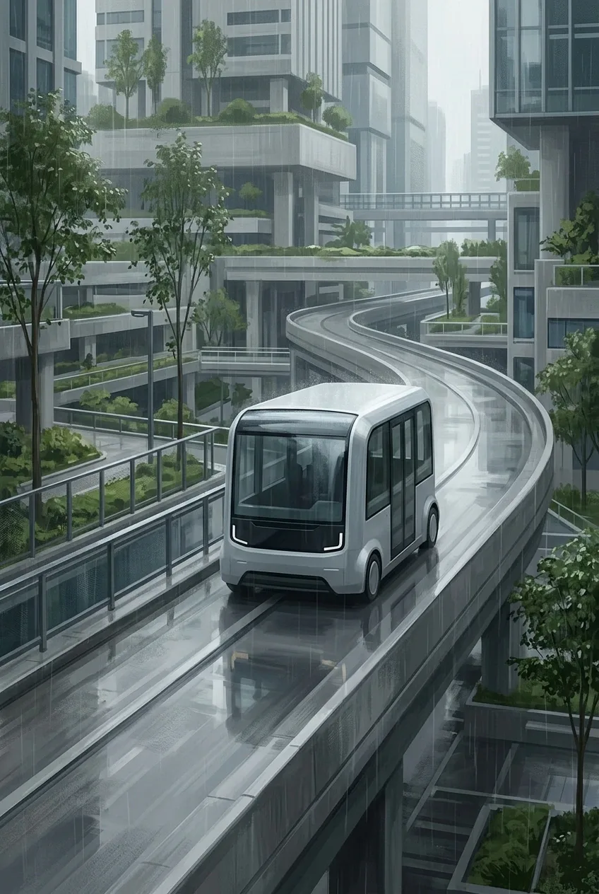 Digital painting of an autonomous electric shuttle traveling on a rainy elevated transitway through a green modern city.