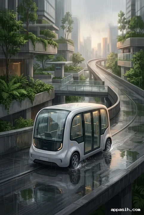 Detailed digital painting of an autonomous electric shuttle crossing a wet elevated transitway in a green city during a rainy morning.