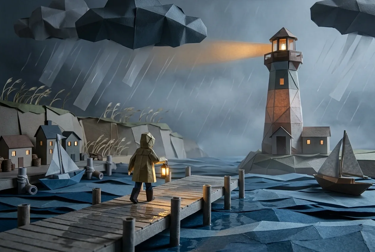 Lighthouse keeper carrying a glowing lantern across a rainy origami paper harbor toward a tall folded-paper lighthouse during a storm.