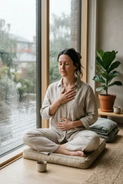 Woman practicing mindful breathwork beside a rain-covered window in a calm cinematic wellness room.