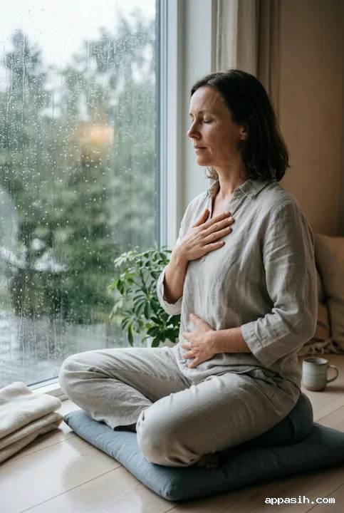 Closer cinematic portrait of a woman practicing mindful breathwork beside the same rain-covered window in a quiet wellness room.