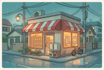 Kawaii cartoon corner store glowing warmly beside bicycles and reflective puddles on a nostalgic rainy evening.